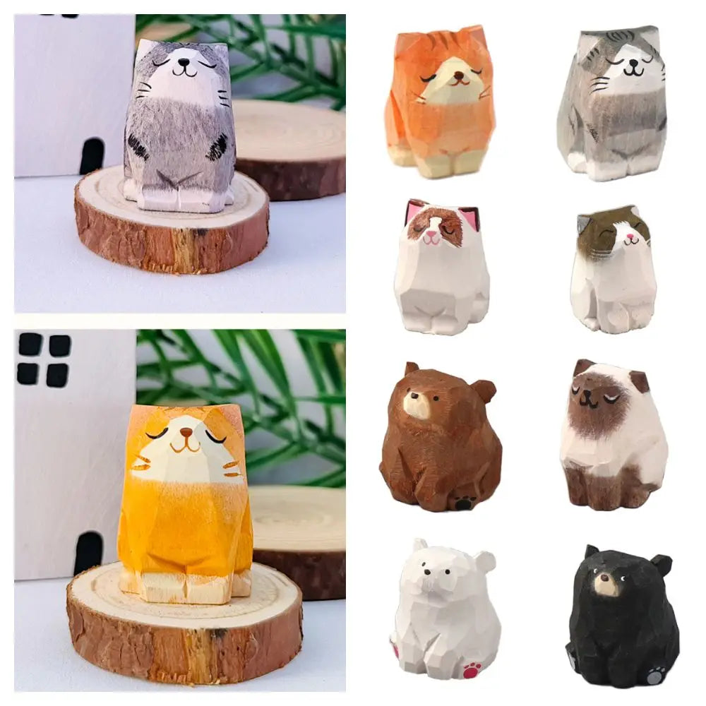 Creative Cartoon Animal Wood Bear Figurine Carved Wooden Desktop Knick-knack Home Decoration Art Craft Carving Cat Statue