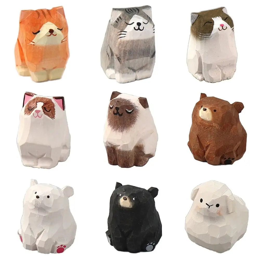 Creative Cartoon Animal Wood Bear Figurine Carved Wooden Desktop Knick-knack Home Decoration Art Craft Carving Cat Statue