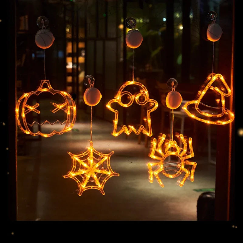 Halloween Decoration Orange Pumpkin Ghost Halloween Window Light with Suction Cup Battery Operated Halloween Home Hanging Decor