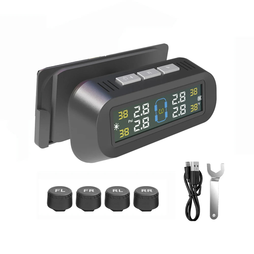 Solar TPMS Car Tire Pressure Alarm Monitor System Real-Time Display Warning Windshield Auto Driving Safety Kit with 4 Sensors