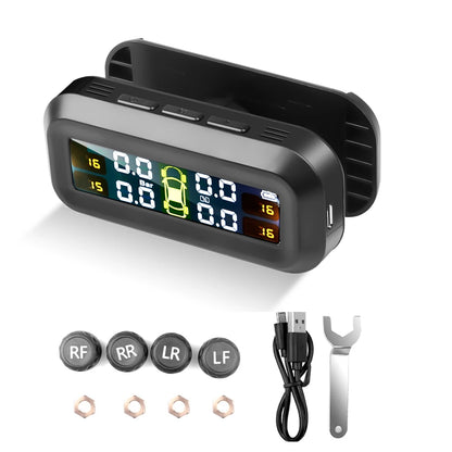 Solar TPMS Car Tire Pressure Alarm Monitor System Real-Time Display Warning Windshield Auto Driving Safety Kit with 4 Sensors