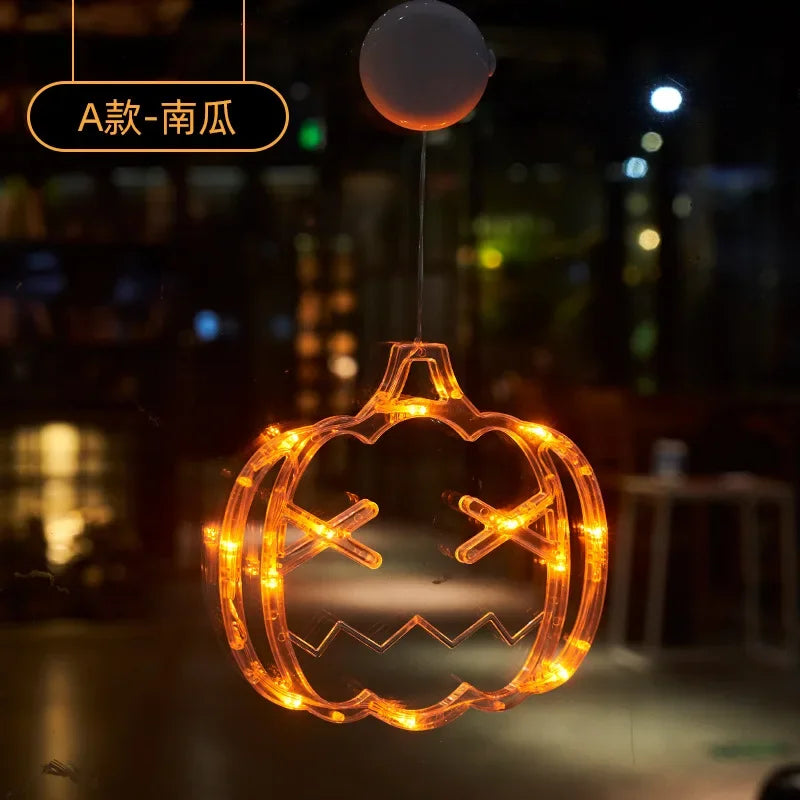 Halloween Decoration Orange Pumpkin Ghost Halloween Window Light with Suction Cup Battery Operated Halloween Home Hanging Decor