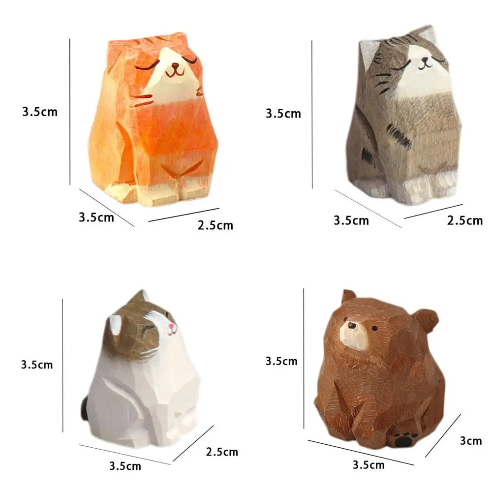Creative Cartoon Animal Wood Bear Figurine Carved Wooden Desktop Knick-knack Home Decoration Art Craft Carving Cat Statue