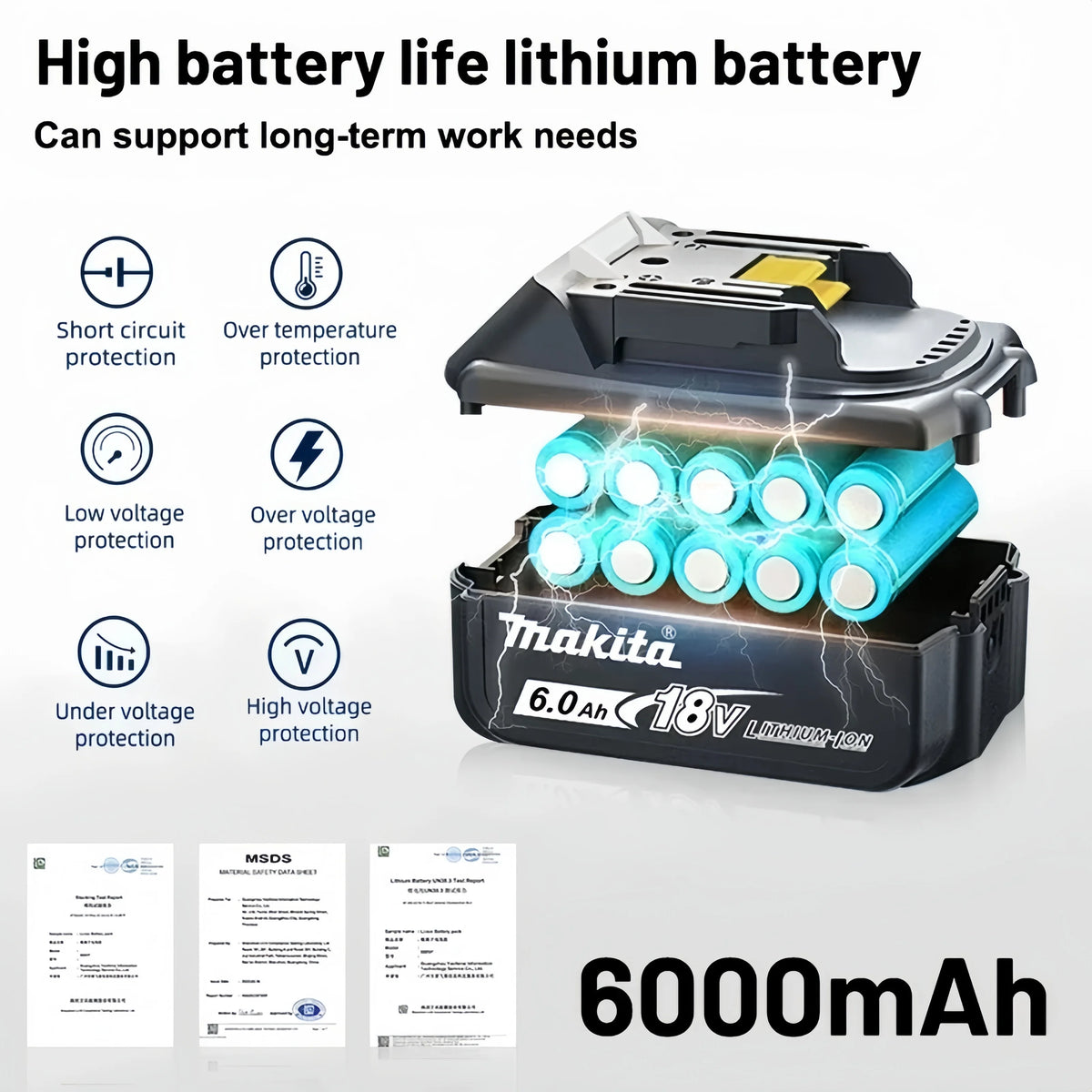 Original Makita 18V 6.0Ah Li-ion Battery, BL1860B LXT Lithium Ion Replacement Power Tool Battery.