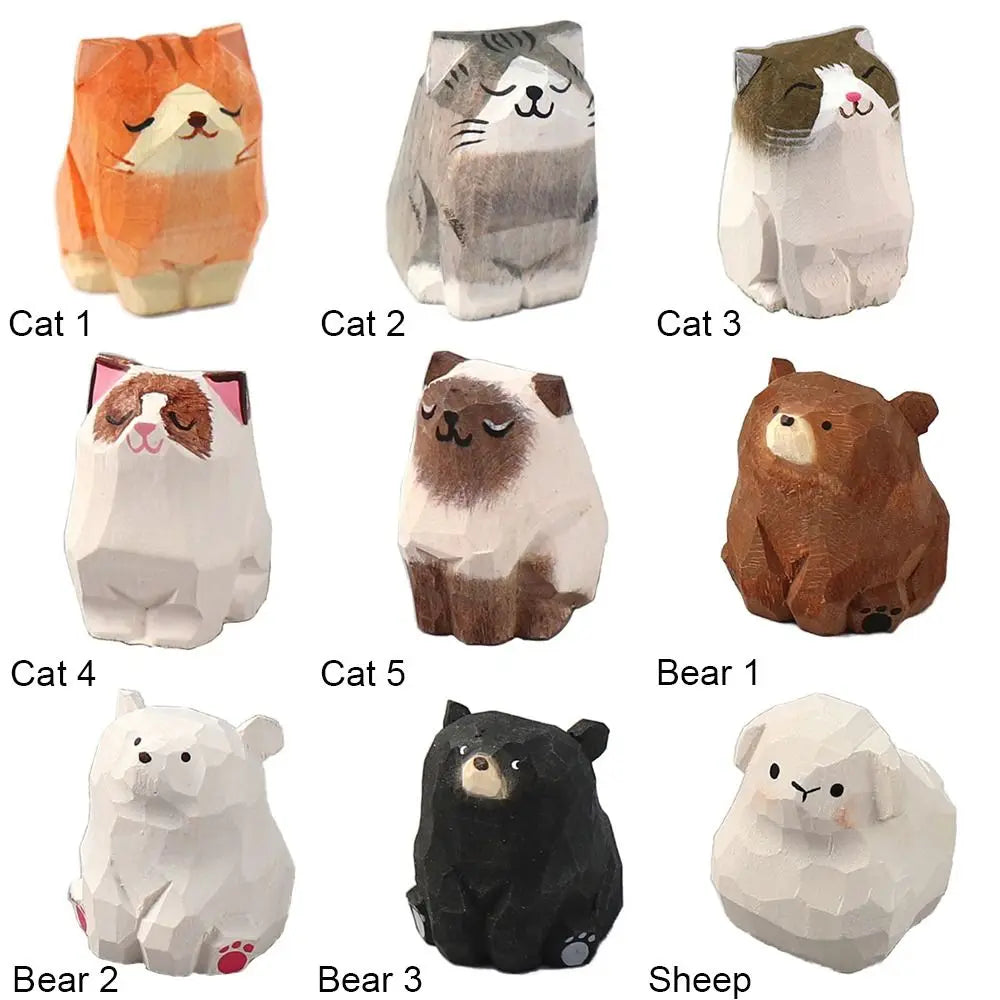 Creative Cartoon Animal Wood Bear Figurine Carved Wooden Desktop Knick-knack Home Decoration Art Craft Carving Cat Statue