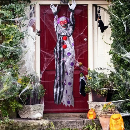 Halloween Hanging Scary Clown Sound Touch Activated Talking Prop with Red Light Up Eyes for Haunted House Party Decor