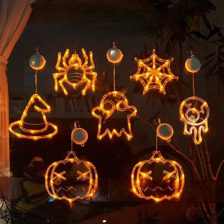 Halloween Decoration Orange Pumpkin Ghost Halloween Window Light with Suction Cup Battery Operated Halloween Home Hanging Decor