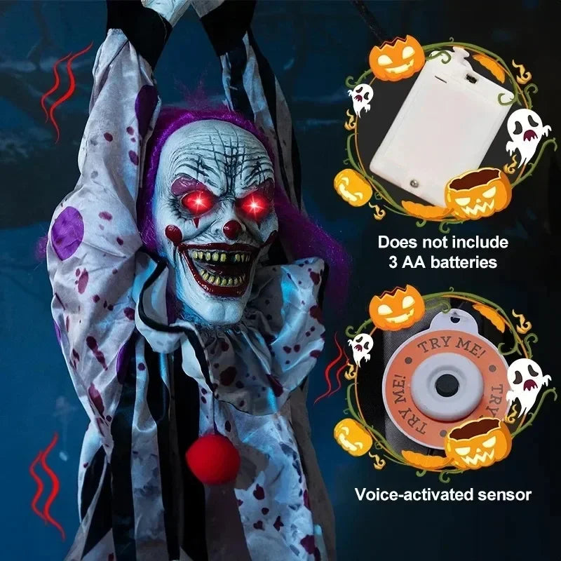 Halloween Hanging Scary Clown Sound Touch Activated Talking Prop with Red Light Up Eyes for Haunted House Party Decor