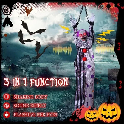 Halloween Hanging Scary Clown Sound Touch Activated Talking Prop with Red Light Up Eyes for Haunted House Party Decor