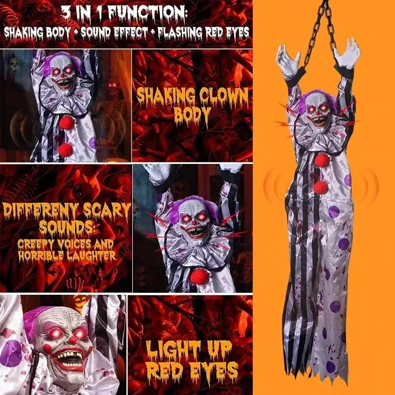 Halloween Hanging Scary Clown Sound Touch Activated Talking Prop with Red Light Up Eyes for Haunted House Party Decor