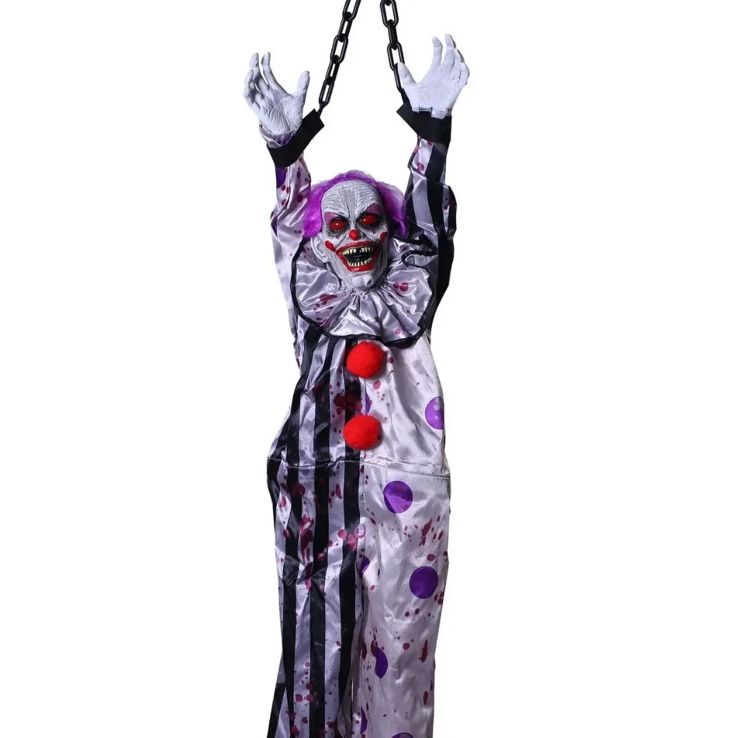 Halloween Hanging Scary Clown Sound Touch Activated Talking Prop with Red Light Up Eyes for Haunted House Party Decor