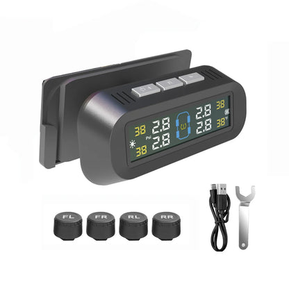 Solar TPMS Car Tire Pressure Alarm Monitor System Real-Time Display Warning Windshield Auto Driving Safety Kit with 4 Sensors