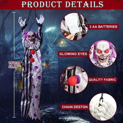 Halloween Hanging Scary Clown Sound Touch Activated Talking Prop with Red Light Up Eyes for Haunted House Party Decor