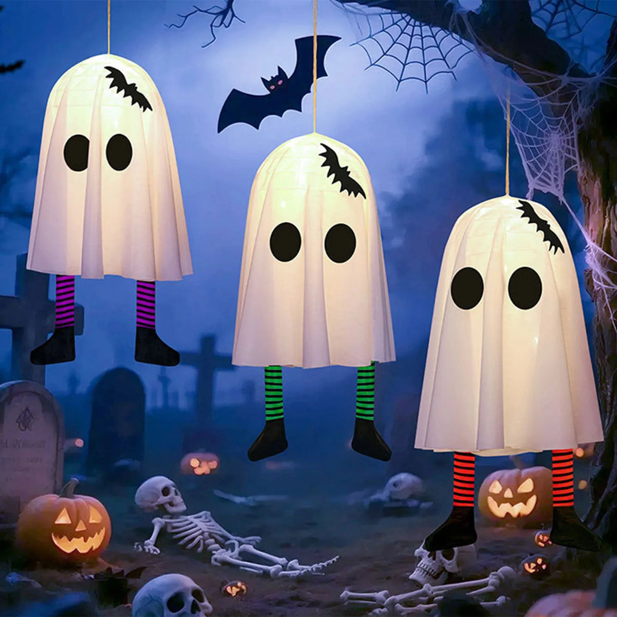 Halloween Glowing White Ghost Hanging Ghosts with Fairy Lights Halloween Outdoor Decoration 50cm Halloween Party Decoration