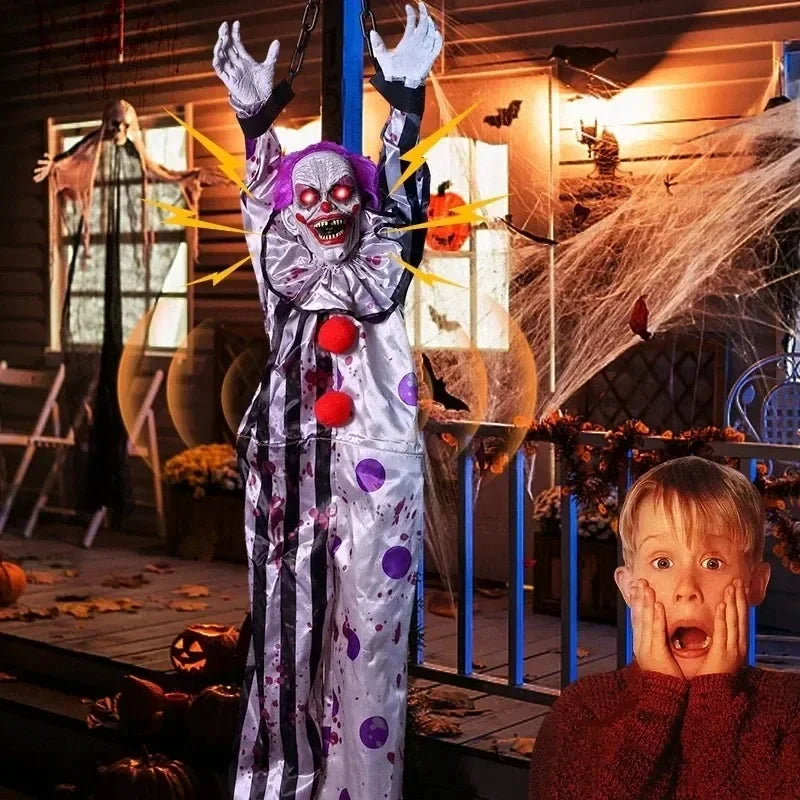 Halloween Hanging Scary Clown Sound Touch Activated Talking Prop with Red Light Up Eyes for Haunted House Party Decor